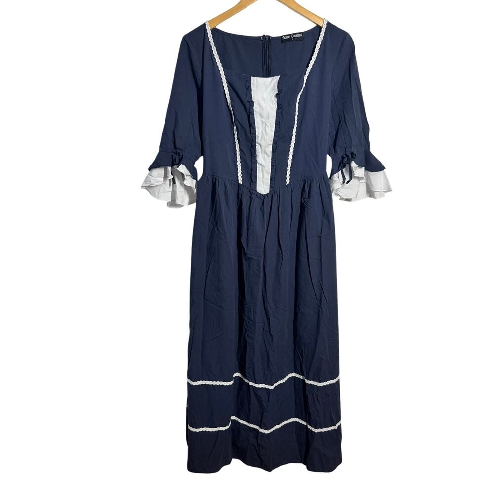 Scarlet Darkness Pioneer Prairie Midi Dress Women L Navy Blue Cottage Peasant